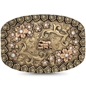 A custom women's belt buckle built on a golden bronze base, roses and flowers with a personalized livestock animals bronze figure 